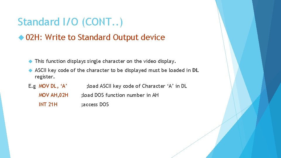 Standard I/O (CONT. . ) 02 H: Write to Standard Output device This function