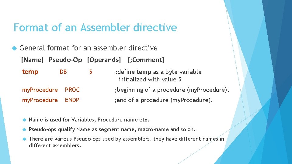 Format of an Assembler directive General format for an assembler directive [Name] Pseudo-Op [Operands]