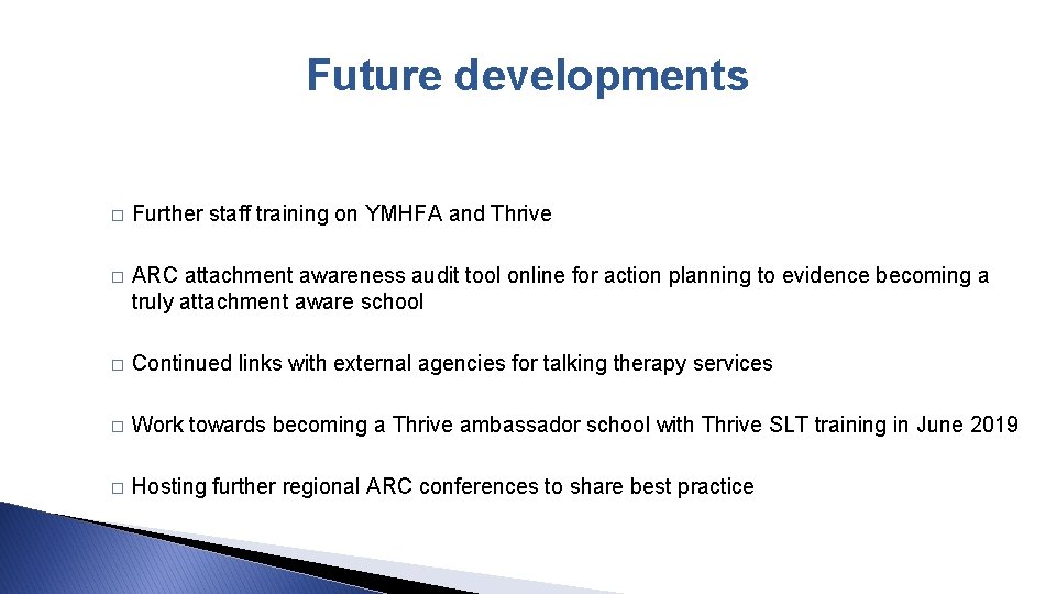 Future developments � Further staff training on YMHFA and Thrive � ARC attachment awareness