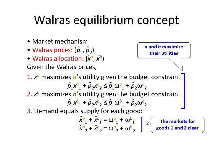 Walras equilibrium concept • Market mechanism a and b maximize • Walras prices: (pˆ