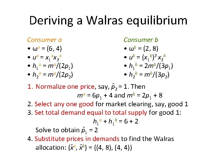 Deriving a Walras equilibrium Consumer a • ωa = (6, 4) • u a