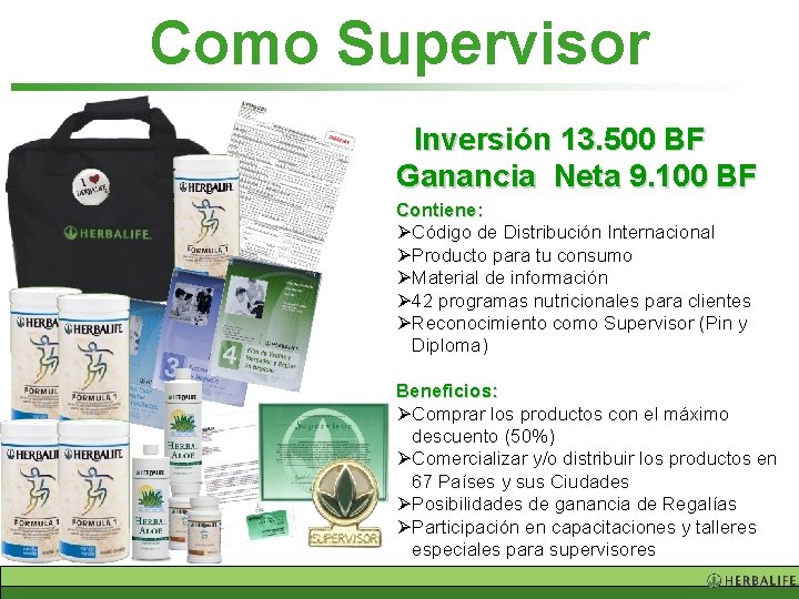 Como Supervisor Inversión 13. 500 BF Ganancia Neta 9. 100 BF Contiene: ØCódigo de