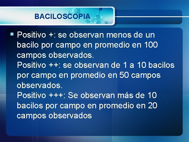 BACILOSCOPIA § Positivo +: se observan menos de un bacilo por campo en promedio