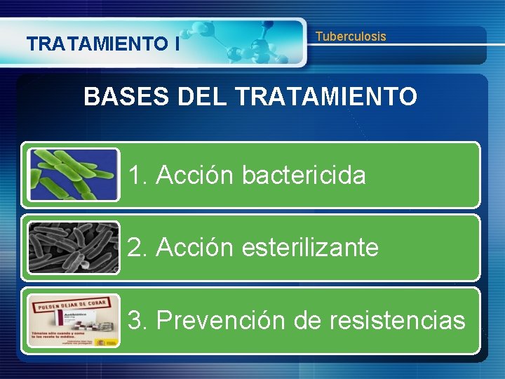 TRATAMIENTO I Tuberculosis BASES DEL TRATAMIENTO 1. Acción bactericida 2. Acción esterilizante 3. Prevención