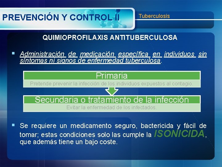 PREVENCIÓN Y CONTROL II Tuberculosis QUIMIOPROFILAXIS ANTITUBERCULOSA § Administración de medicación específica en individuos