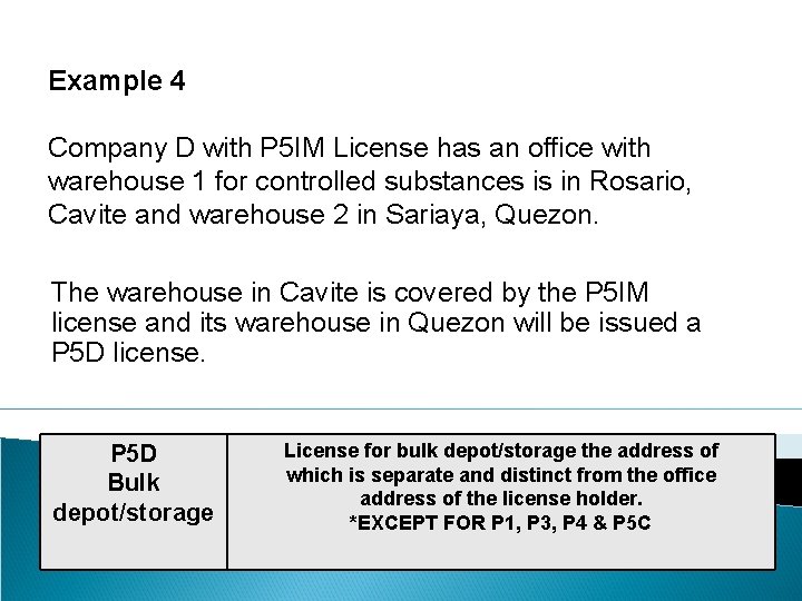 Example 4 Company D with P 5 IM License has an office with warehouse