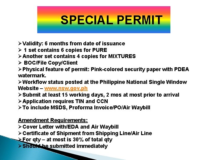 SPECIAL PERMIT ØValidity: 6 months from date of issuance Ø 1 set contains 6