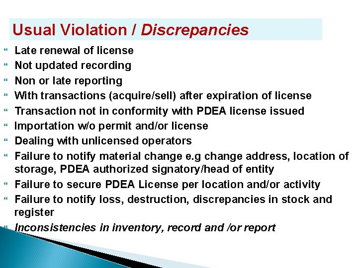Usual Violation / Discrepancies Late renewal of license Not updated recording Non or late