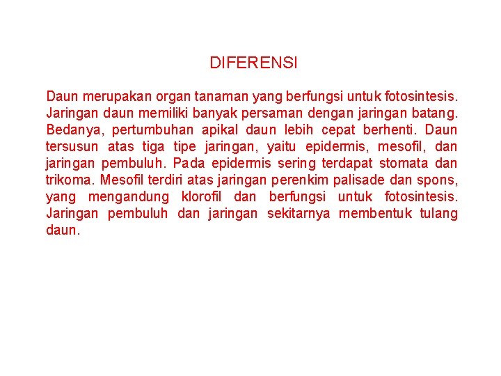 DIFERENSI Daun merupakan organ tanaman yang berfungsi untuk fotosintesis. Jaringan daun memiliki banyak persaman