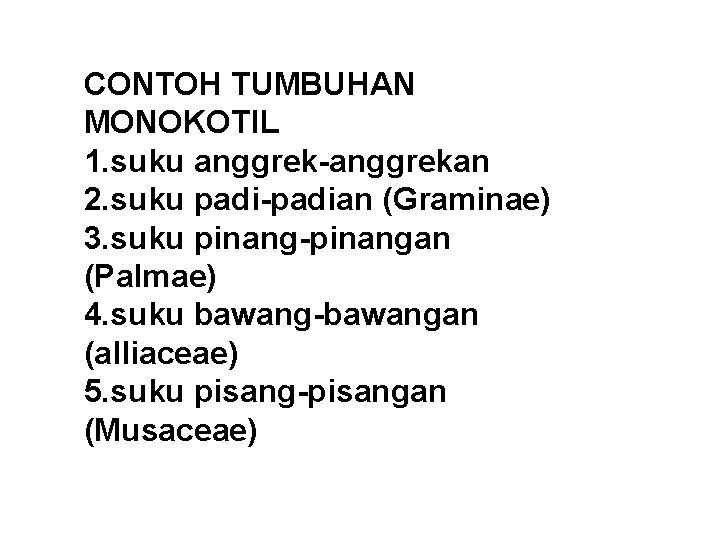 CONTOH TUMBUHAN MONOKOTIL 1. suku anggrek-anggrekan 2. suku padi-padian (Graminae) 3. suku pinang-pinangan (Palmae)