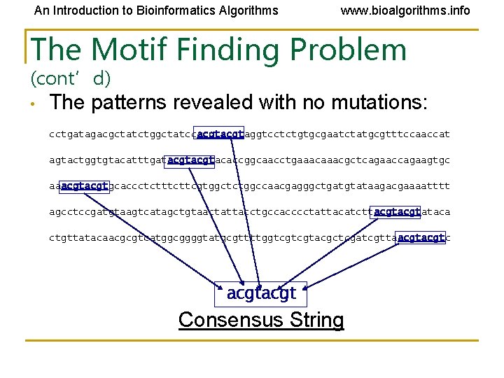 An Introduction to Bioinformatics Algorithms www. bioalgorithms. info The Motif Finding Problem (cont’d) •