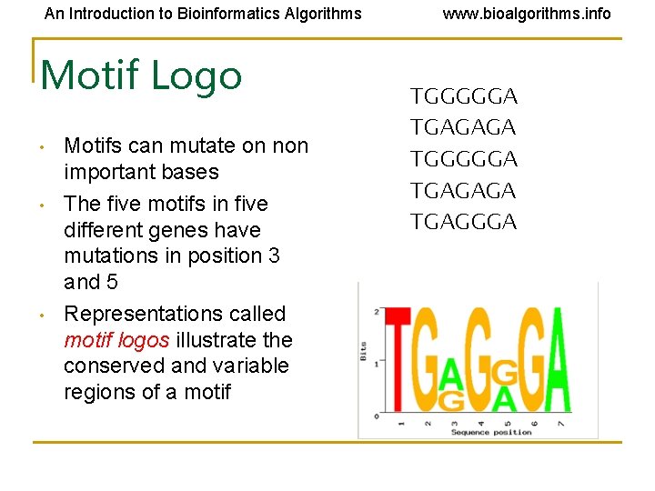 An Introduction to Bioinformatics Algorithms Motif Logo • • • Motifs can mutate on