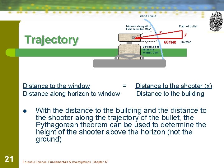 Wind shield Distance along path of bullet to window, 23. 9” Trajectory Distance to