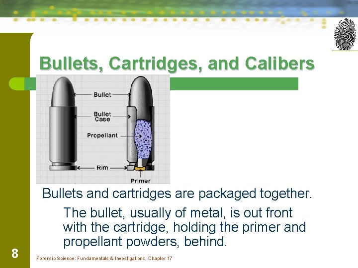 Bullets, Cartridges, and Calibers 8 Bullets and cartridges are packaged together. The bullet, usually