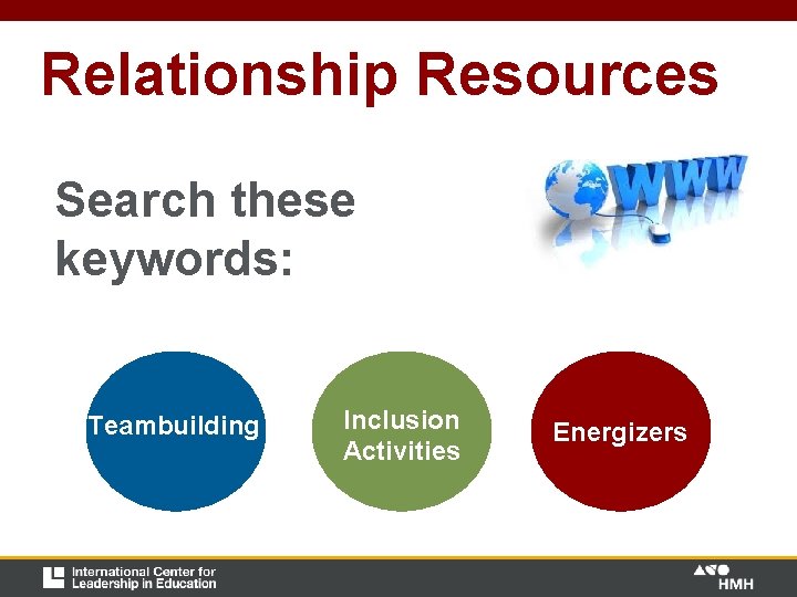 Relationship Resources Search these keywords: Teambuilding Inclusion Activities Energizers Relationship Resources Search these keywords: Teambuilding Inclusion Activities Energizers