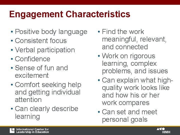 Engagement Characteristics • Positive body language • Consistent focus • Verbal participation • Confidence Engagement Characteristics • Positive body language • Consistent focus • Verbal participation • Confidence