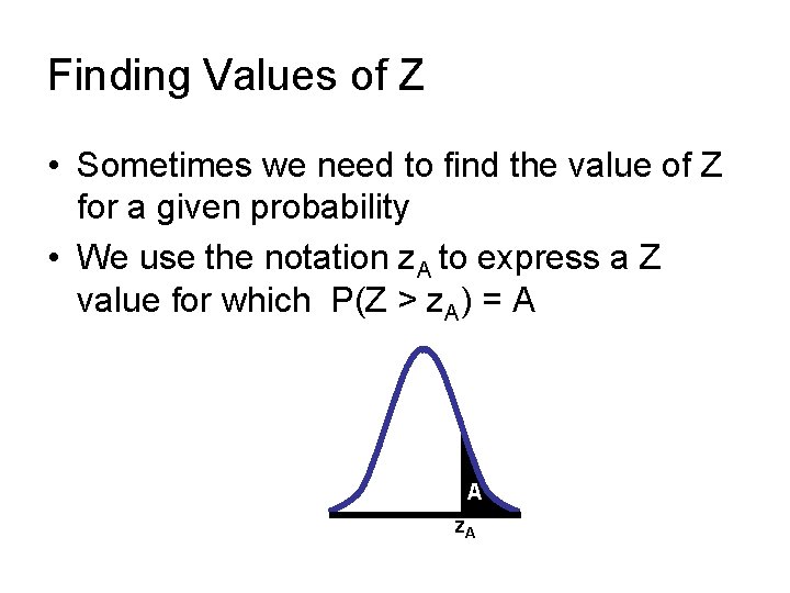 Finding Values of Z • Sometimes we need to find the value of Z Finding Values of Z • Sometimes we need to find the value of Z