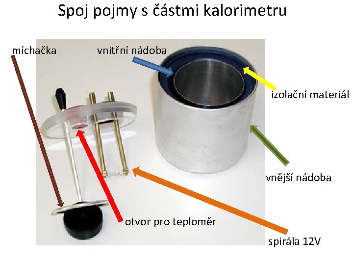Spoj pojmy s částmi kalorimetru míchačka vnitřní nádoba izolační materiál vnější nádoba otvor pro