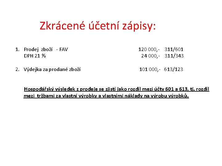 Zkrácené účetní zápisy: 1. Prodej zboží - FAV DPH 21 % 120 000, -