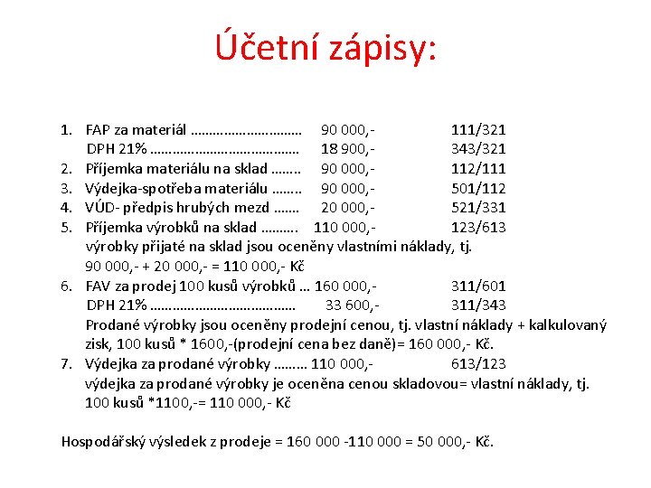 Účetní zápisy: 1. FAP za materiál …………… 90 000, 111/321 DPH 21% …………………. 18