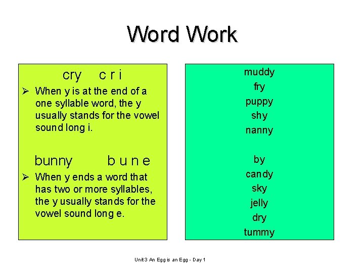 Word Work cry cri Ø When y is at the end of a one