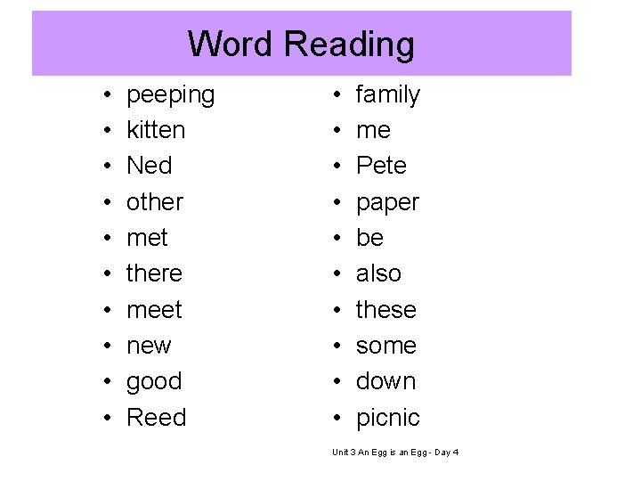 Word Reading • • • peeping kitten Ned other met there meet new good