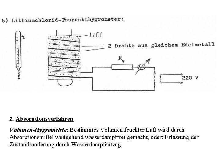 2. Absorptionsverfahren Volumen-Hygrometrie: Bestimmtes Volumen feuchter Luft wird durch Absorptionsmittel weitgehend wasserdampffrei gemacht, oder: