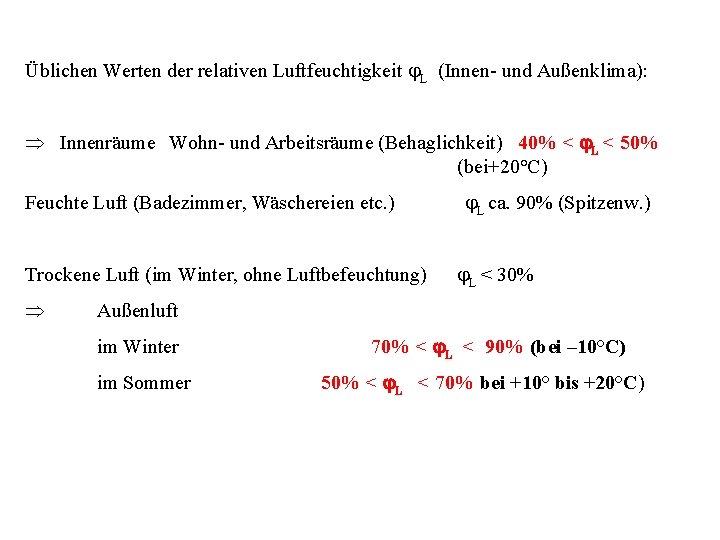 Üblichen Werten der relativen Luftfeuchtigkeit L (Innen- und Außenklima): Innenräume Wohn- und Arbeitsräume (Behaglichkeit)