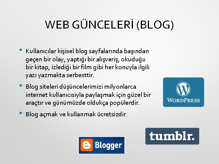 WEB GÜNCELERİ (BLOG) • Kullanıcılar kişisel blog sayfalarında başından geçen bir olay, yaptığı bir