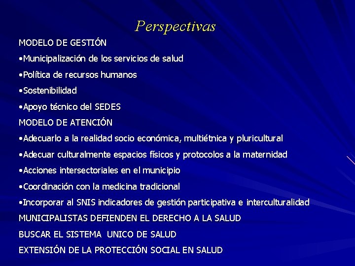 Perspectivas MODELO DE GESTIÓN • Municipalización de los servicios de salud • Política de