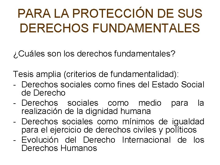PARA LA PROTECCIÓN DE SUS DERECHOS FUNDAMENTALES ¿Cuáles son los derechos fundamentales? Tesis amplia