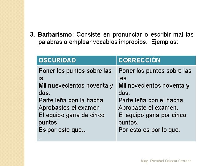 3. Barbarismo: Consiste en pronunciar o escribir mal las palabras o emplear vocablos impropios.