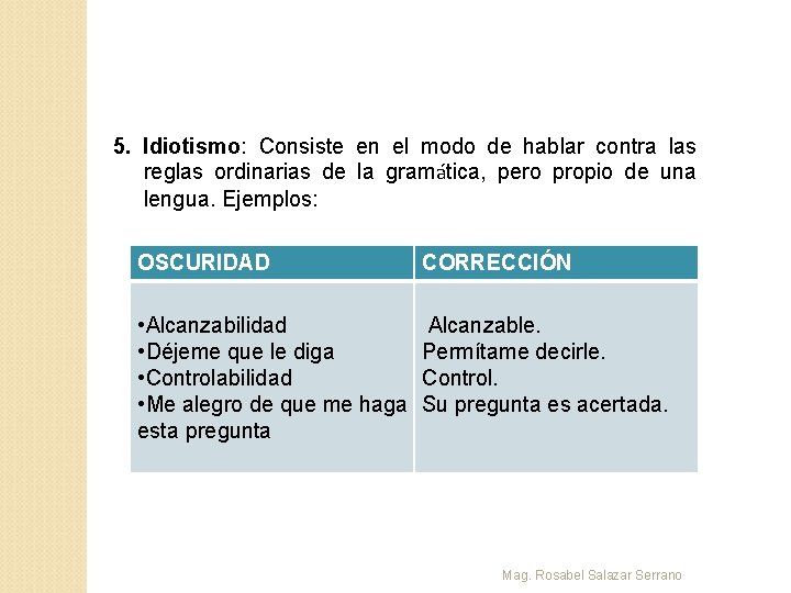 5. Idiotismo: Consiste en el modo de hablar contra las reglas ordinarias de la