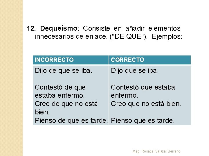 12. Dequeísmo: Consiste en añadir elementos innecesarios de enlace. ("DE QUE"). Ejemplos: INCORRECTO Dijo