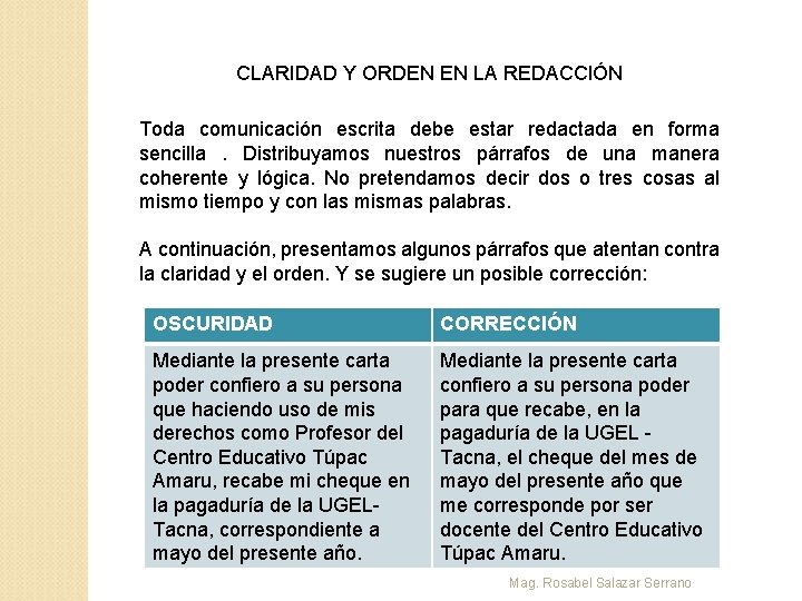 CLARIDAD Y ORDEN EN LA REDACCIÓN Toda comunicación escrita debe estar redactada en forma