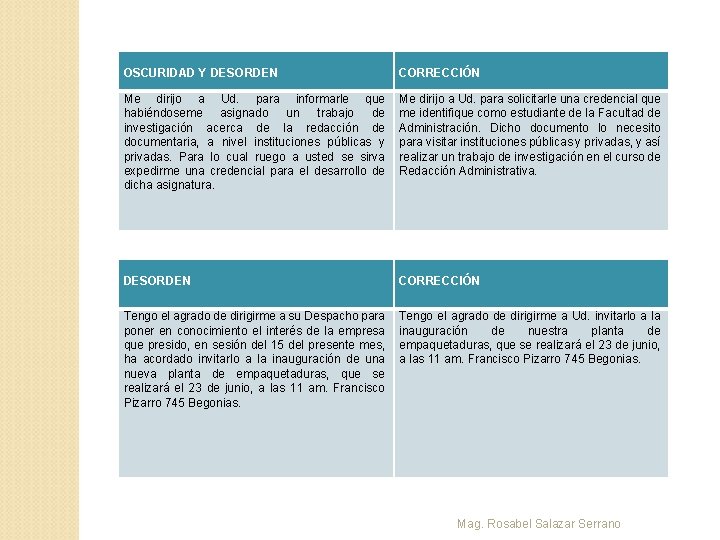 OSCURIDAD Y DESORDEN CORRECCIÓN Me dirijo a Ud. para informarle que habiéndoseme asignado un