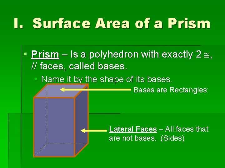 I. Surface Area of a Prism § Prism – Is a polyhedron with exactly