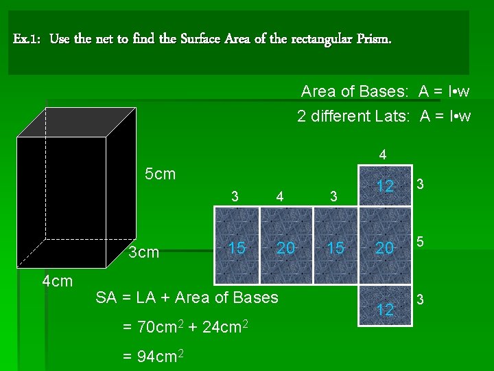 Ex. 1: Use the net to find the Surface Area of the rectangular Prism. Ex. 1: Use the net to find the Surface Area of the rectangular Prism.