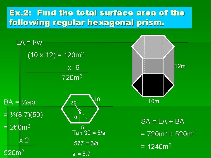 Ex. 2: Find the total surface area of the following regular hexagonal prism. LA