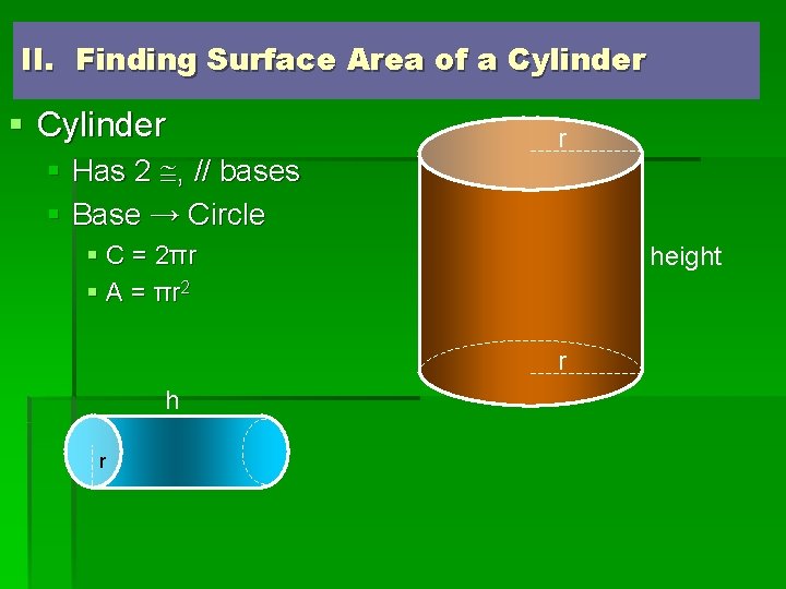 II. Finding Surface Area of a Cylinder § Has 2 , // bases §