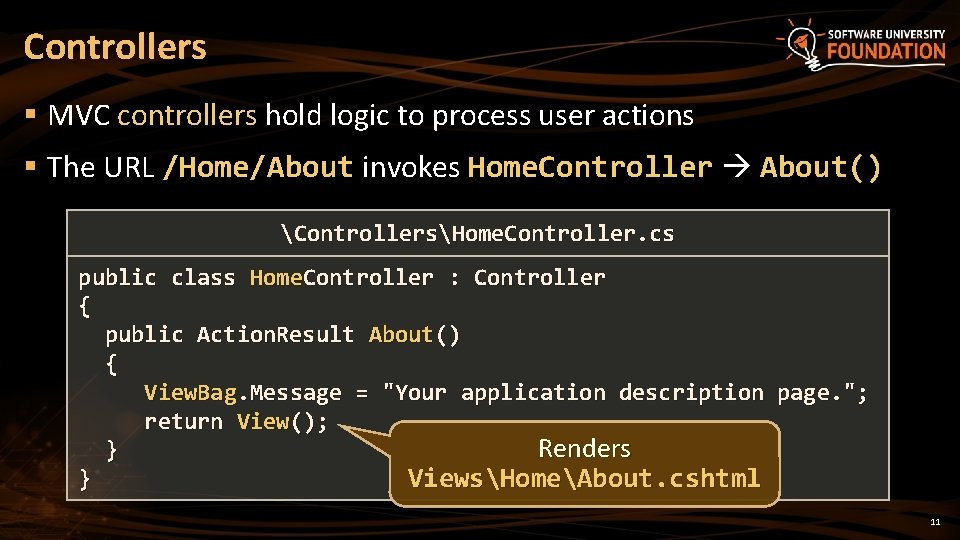 Controllers § MVC controllers hold logic to process user actions § The URL /Home/About