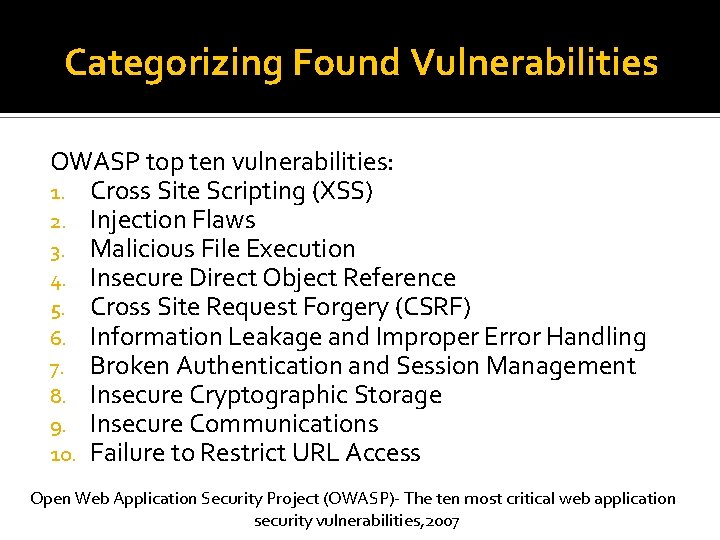 Categorizing Found Vulnerabilities OWASP top ten vulnerabilities: 1. Cross Site Scripting (XSS) 2. Injection