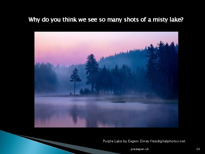 Why do you think we see so many shots of a misty lake? Purple