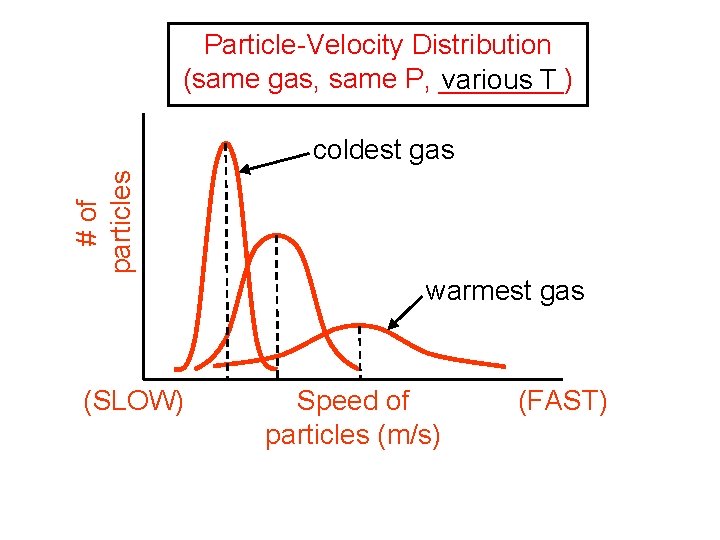Particle-Velocity Distribution (same gas, same P, ____) various T # of particles coldest gas