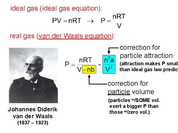ideal gas (ideal gas equation): real gas (van der Waals equation): correction for particle