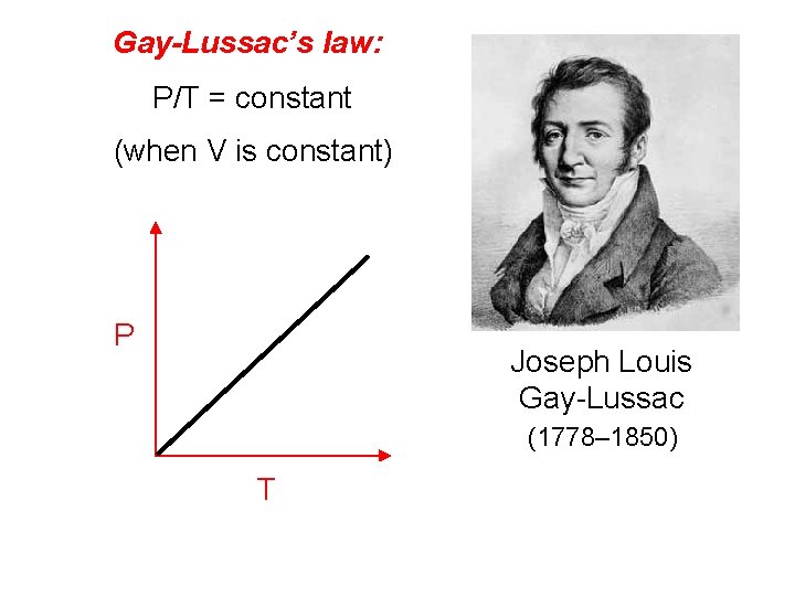 Gay-Lussac’s law: P/T = constant (when V is constant) P Joseph Louis Gay-Lussac (1778–