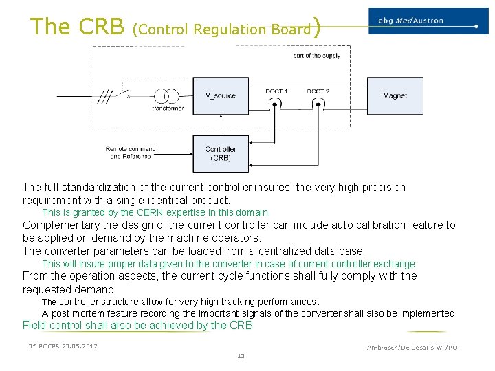 The CRB (Control Regulation Board) The full standardization of the current controller insures the