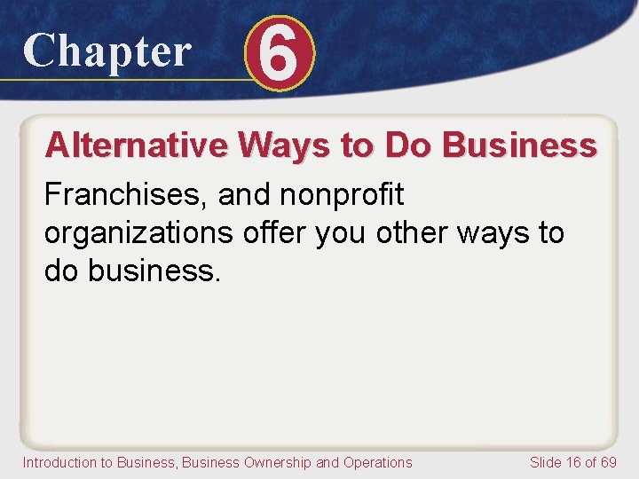 Chapter 6 Alternative Ways to Do Business Franchises, and nonprofit organizations offer you other