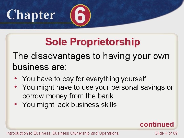 Chapter 6 Sole Proprietorship The disadvantages to having your own business are: • You