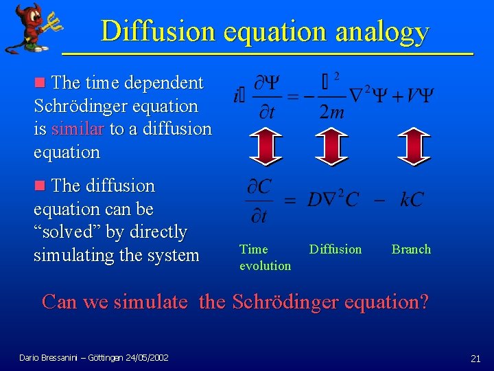 Diffusion equation analogy n The time dependent Schrödinger equation is similar to a diffusion